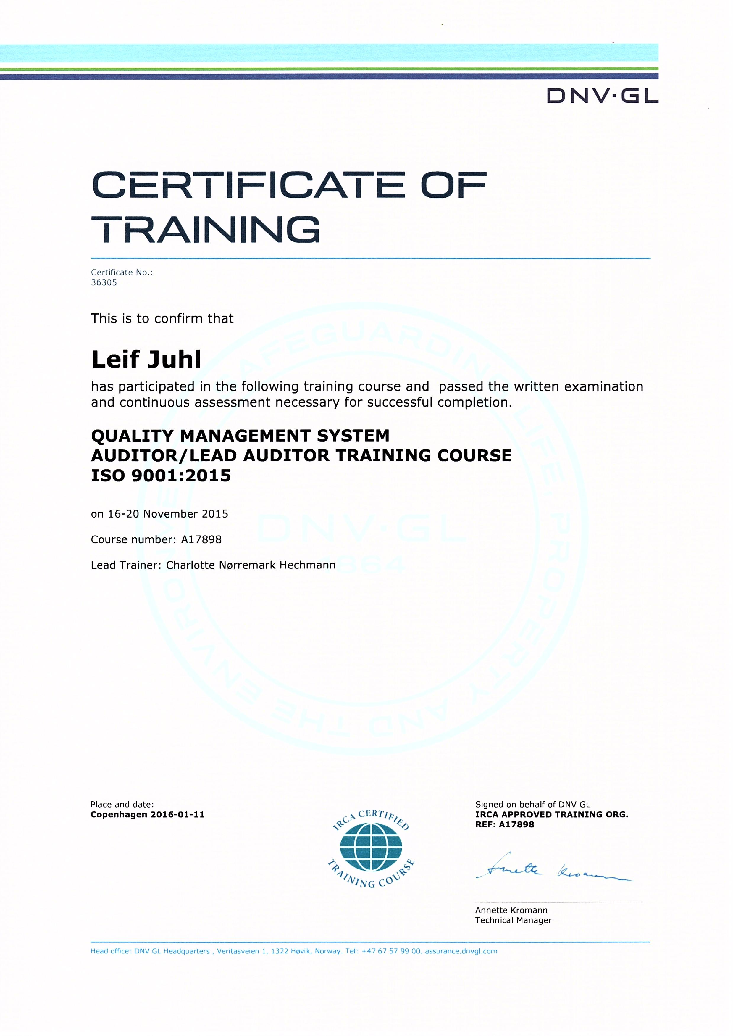 ISO 9001:2015 auditor certifikat